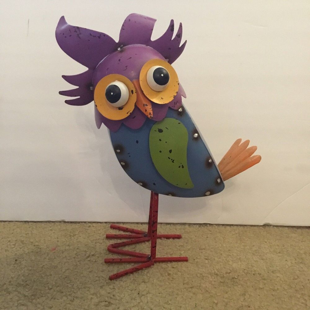 Whimsical Metal Owl Figurine with Spring To Bobble Colorful‎ Indoor Outdoor